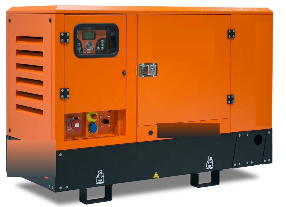 Orange acoustic canopy diesel generator set: louvred intake on the left, lockable service doors, a three-phase outlet under the controller, forklift pockets in the black bunded base