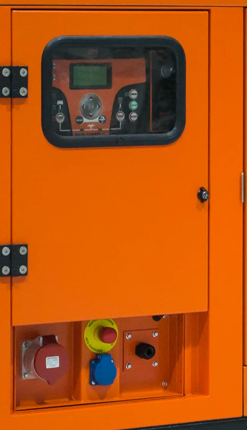 Control door of a canopy generator with the controller screen and three-phase outlet